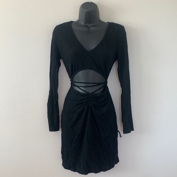 Princess Polly Noa Black Long Sleeve Ribbed Cut Out Criss Cross Tie Mini Dress - Picture 3 of 11
